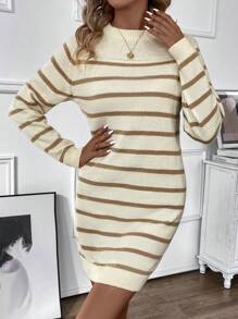 EMERY ROSE Sọc Một nửa Cổ áo cao Tay Raglan Đầm Áo len - trắng - Xem 3