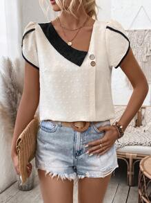 SHEIN LUNE Color-Block Blouse With Bubble Sleeve And Asymmetric Collar - Apricot - View 1