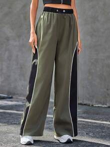 SHEIN Essnce Drawstring Waist Contrast Color Rolled Hem Pants - Multicolor - View 2