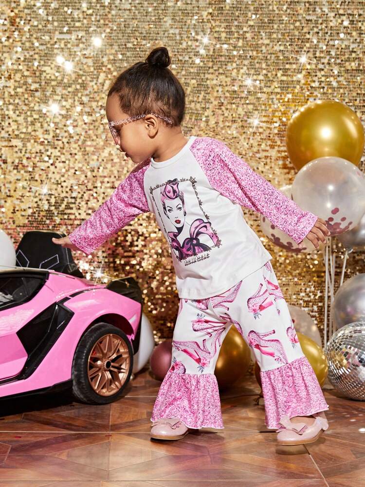 2pcs Baby Girls Princess Printed Long Sleeve Top And High Heel Shoe Printed Flared Pants Cute Daily Outfit For Spring