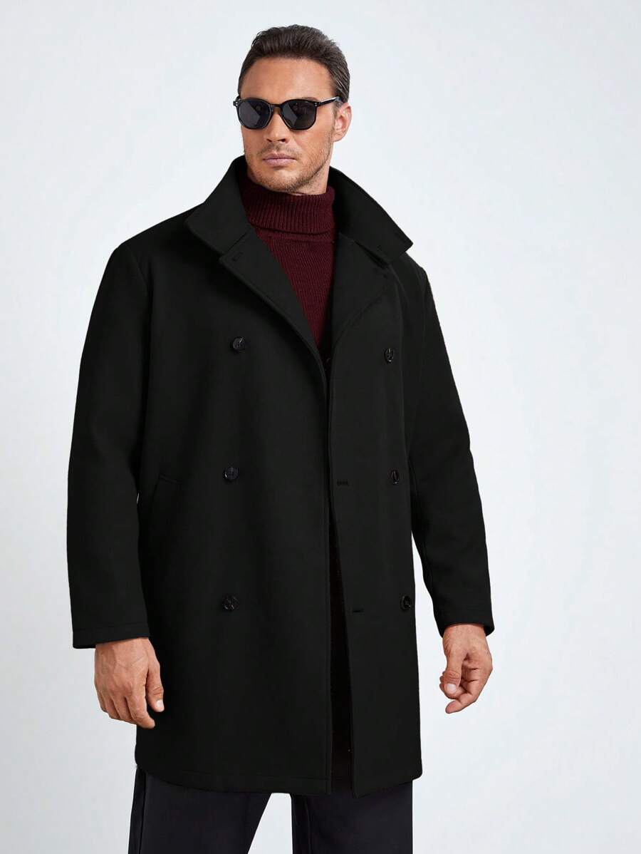 EASEVO 男款大尺寸雙排扣梭織休閒長呢子大衣 - 黑色 - 查看 1