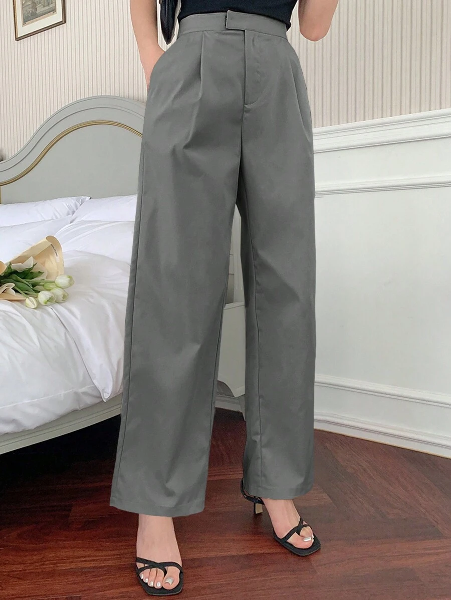 DAZY 女士纯色褶皱阔腿宽松休闲裤，商务休闲，返校服，教师裤 - 淺灰色 - 查看 1
