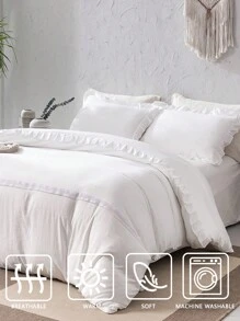 3pcs Solid Color Hemstitched Bedspread Set With White Lace Edge, Synthetic Fiber Surface - Beige - View 6