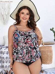 Swim Lushoire Plus Size Floral Print Spaghetti Straps Bikini Set - Multicolor - View 5