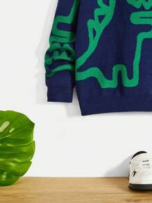 SHEIN Tween 男孩休閒長袖圓領保暖毛衣綠色恐龍圖案 - 寶藍色 - 查看 3