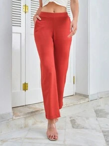 Màu thuần Eo đàn hồi Dài Quần - màu nâu - Xem 1