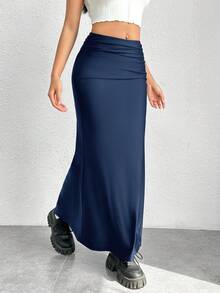 SHEIN EZwear Falda De Sirena Con Dobladillo De Color Sólido - Azul Marino - Ver 3