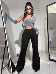 SHEIN ICON Y2k Style Black Women'S Casual Low-Waist Slim Fit Flared Jeans With Side Zipper - Black - View 5