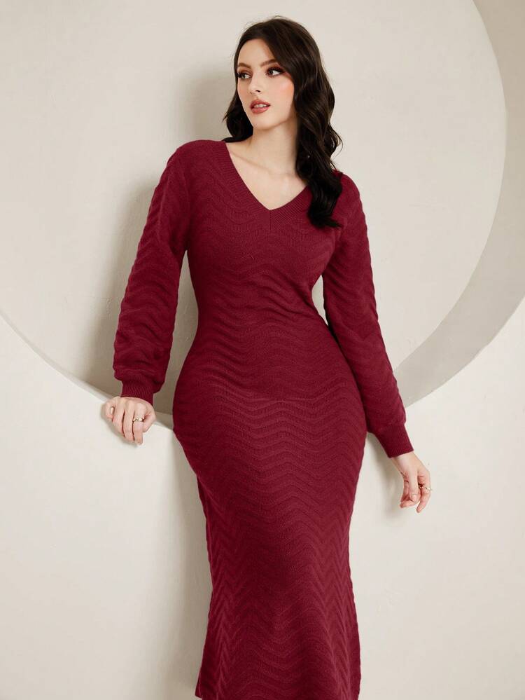 V-Neck Long Sleeve Sweater Dress