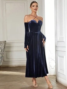 Crisscross Halter Neck Velvet Dress - Navy Blue - View 3