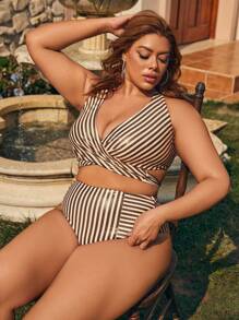 SHEIN Swim Curve Plus Size Striped Twist Front Bikini Set Summer Beach - Multicolor - View 5