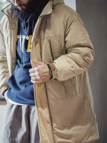 男士復古質感中長設計加厚棉墊連帽大衣 - 卡其色 - 查看 4