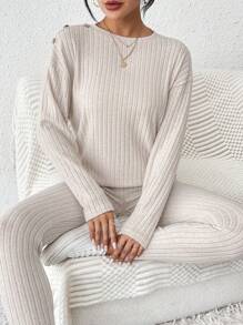 SHEIN Frenchy Nút Đồ trang trí Tay áo dài Áo thun Và Quần Bộ - Màu be - Xem 1