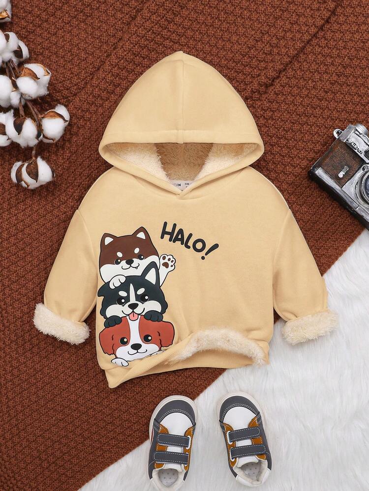 Baby Boys' Thickened Drop Shoulder Sweatshirt With Cartoon Cat Pattern, Winter