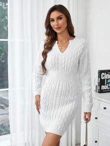 SHEIN LUNE 有缐針織毛衣裙，配有表領和貼身剪裁 - 米色 - 查看 6