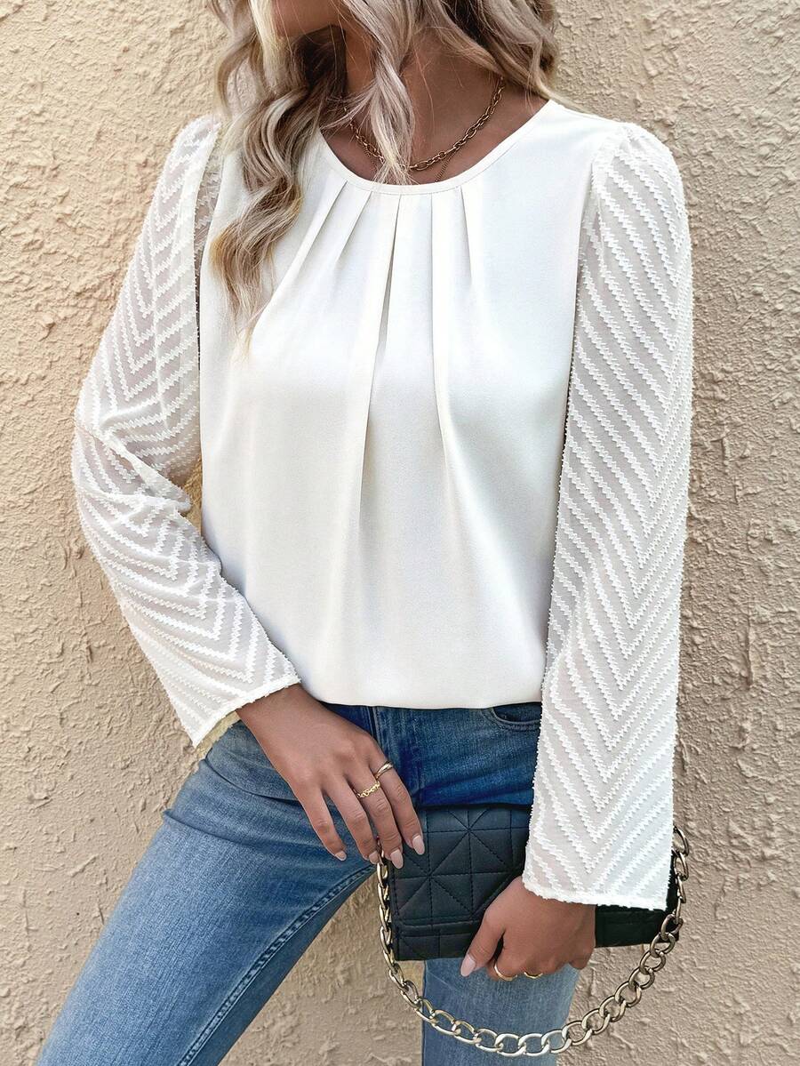 SHEIN LUNE Pleated & Spliced Long Sleeve Shirt - Apricot - View 1