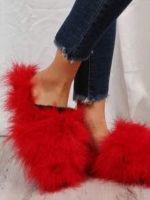 Women's Red Fluffy Slippers, Versatile Furry Solid Color House Shoes With Round Toe - Red - View 2