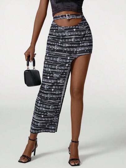 XIAOWU ZHENG Falda elegante con abertura en el muslo y estampado integral, para verano, vacaciones, fiesta, festival