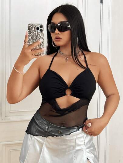 SHEIN X MariajoseGi SHEIN ICON Top halter con detalles calados y bajo asimétrico con contraste de malla para tallas grandes