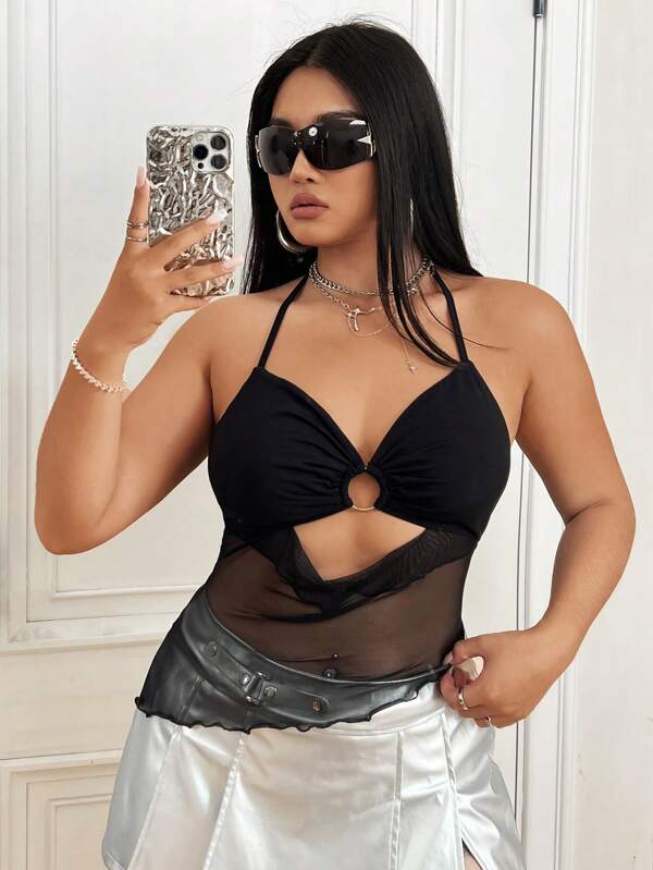 SHEIN X MariajoseGi SHEIN ICON Plus Size Mesh Contrast Asymmetric Hem Halter Top With Hollow Out Detail