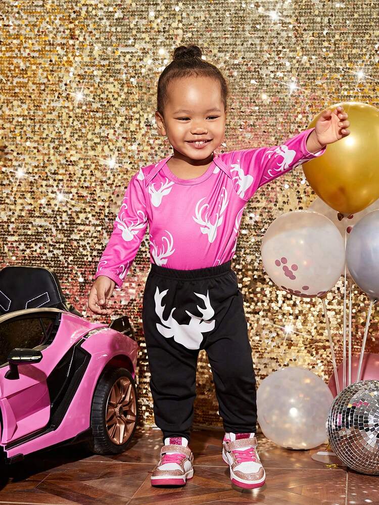 Baby Girls' 3pcs/set Fun Printed Pink Outfit For Autumn & Winter Including Hat, Suitable For Daily Wear And Leisure