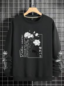 男士標語和玫瑰印花圓領套頭衫 - 黑色 - 查看 3