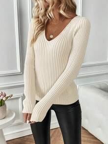 SHEIN Essnce 純色修身v領長袖毛衣 - 米色 - 查看 3