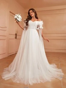 SHEIN Belle Off-Shoulder Wedding Dress With 3d Floral Cape Sleeves And Tulle Overlay