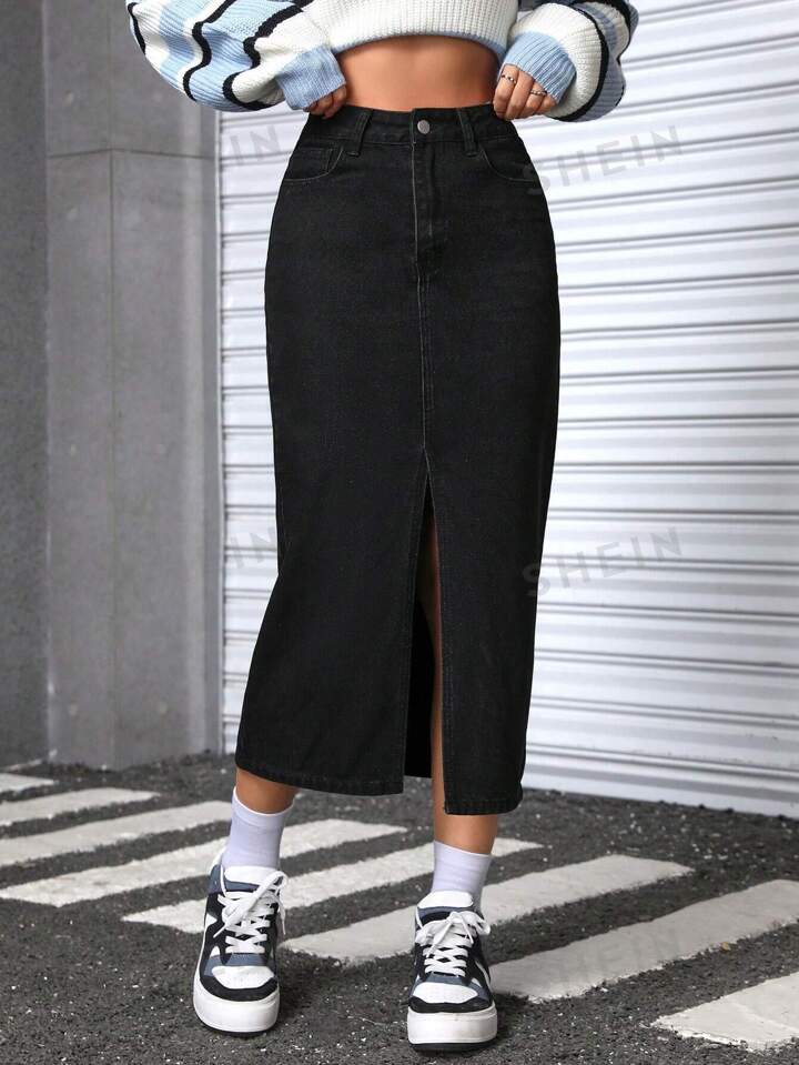 Shein black jean skirt sales