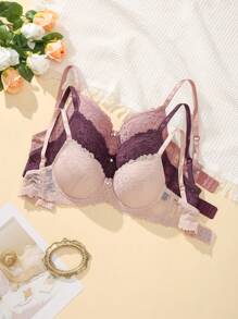 3pcs/Set Splice Lace Thin Strap Bra Lingerie