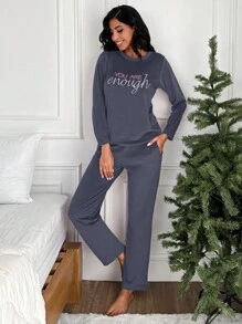 RueChic Women's Slogan Print Top And Pants Pyjamas Set - Grey - View 4