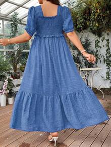 SHEIN Holidaya 襯裙式修身大碼連衣裙,褶邊下擺 - 藍色 - 查看 2