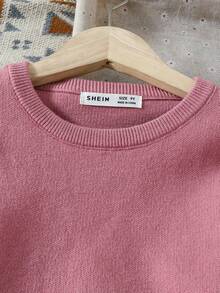 SHEIN Suéter De Cuello Redondo Casual De Color Sólido Para Niñas, Adecuado Para Varias Ocasiones - Rosa - Ver 3
