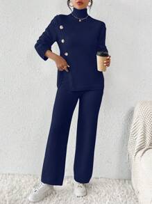 SHEIN Frenchy 兩件組高領長袖休閒毛衣 - 藏蓝色 - 查看 1