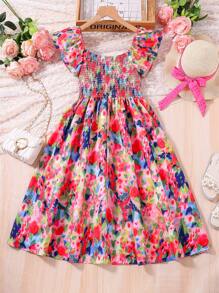 SHEIN Vestido De Niña Preadolescente Con Dobladillo Con Volantes Y Borde Fruncido Con Estampado Floral - Multicolor - Ver 2