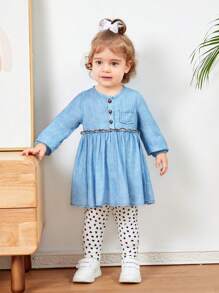 SHEIN Infant Girls' Casual Denim Effect Long Sleeve Dress And Heart Print Pants Set - Blue - View 5