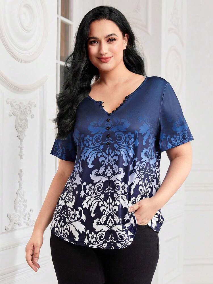 Plus Floral Print Notched Neck Tee