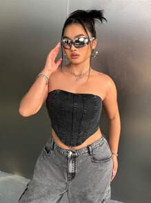 SHEIN ICON Áo corset denim co giãn màu đen Y2k dành cho nữ, dáng ôm vừa vặn, cỡ lớn, dành cho mùa hè - Đồng - Xem 3