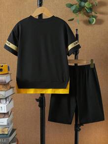 SHEIN Tween Boy Letter Graphic Drop Shoulder 2 In 1 Tee & Shorts - Black - View 2