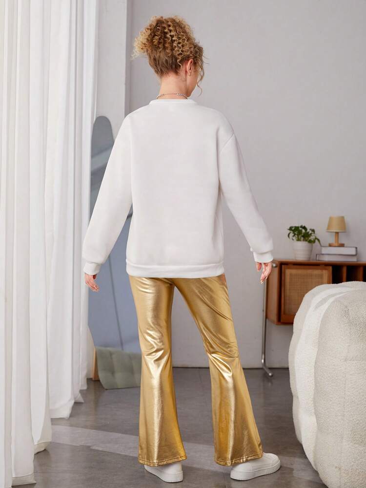 Teen Girls' Casual & Street Style Pattern Printed Pu Leather Pants 2pcs/Set