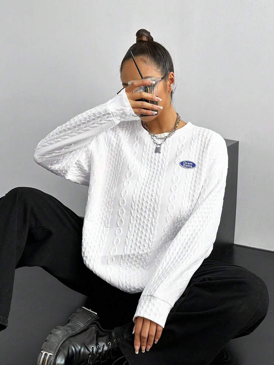 SHEIN EZwear Women'S Plus Size Patched Detail Texture Sweatshirt - White - View 1
