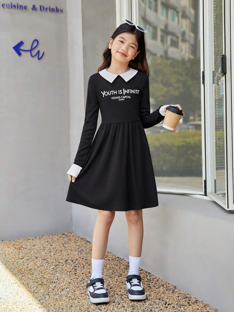 Girls' Knitted Two Tone Collar 2 In 1 Letter Print Casual Dress