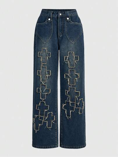 Grunge Punk Loose Straight Leg Jeans With Cross & Frayed Hem Patches