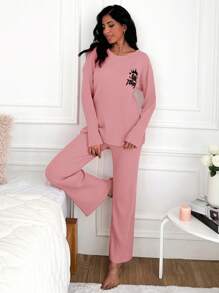 RueChic Letter Patterned Drop Shoulder Ribbed Knit Homewear Set - Baby Pink - View 4