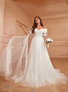 SHEIN Belle Off-Shoulder Wedding Dress With 3d Floral Cape Sleeves And Tulle Overlay