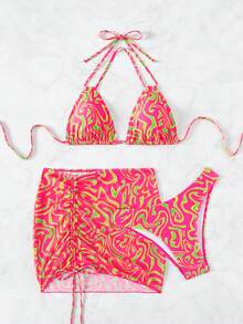 Bộ bikini in họa tiết đá cẩm thạch + váy đi biển có dây rút, cho kỳ nghỉ hè - Nhiều màu - Xem 5