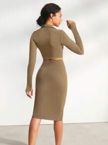 GLOWMODE FeatherFit™-Sculpt Tummy Control Slit Midi Pencil Skirt - Camel - View 3