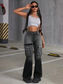 SHEIN ICON 高腰喇叭口洗水牛仔褲 - 黑色 - 查看 3