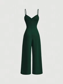 SHEIN MOD Solid Color Knotted Strap Jumpsuit - Dark Green - View 2