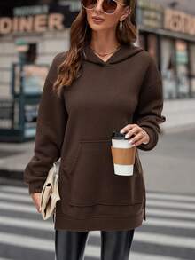 SHEIN LUNE 女式掉肩兜帽衫 - 咖啡棕 - 查看 3